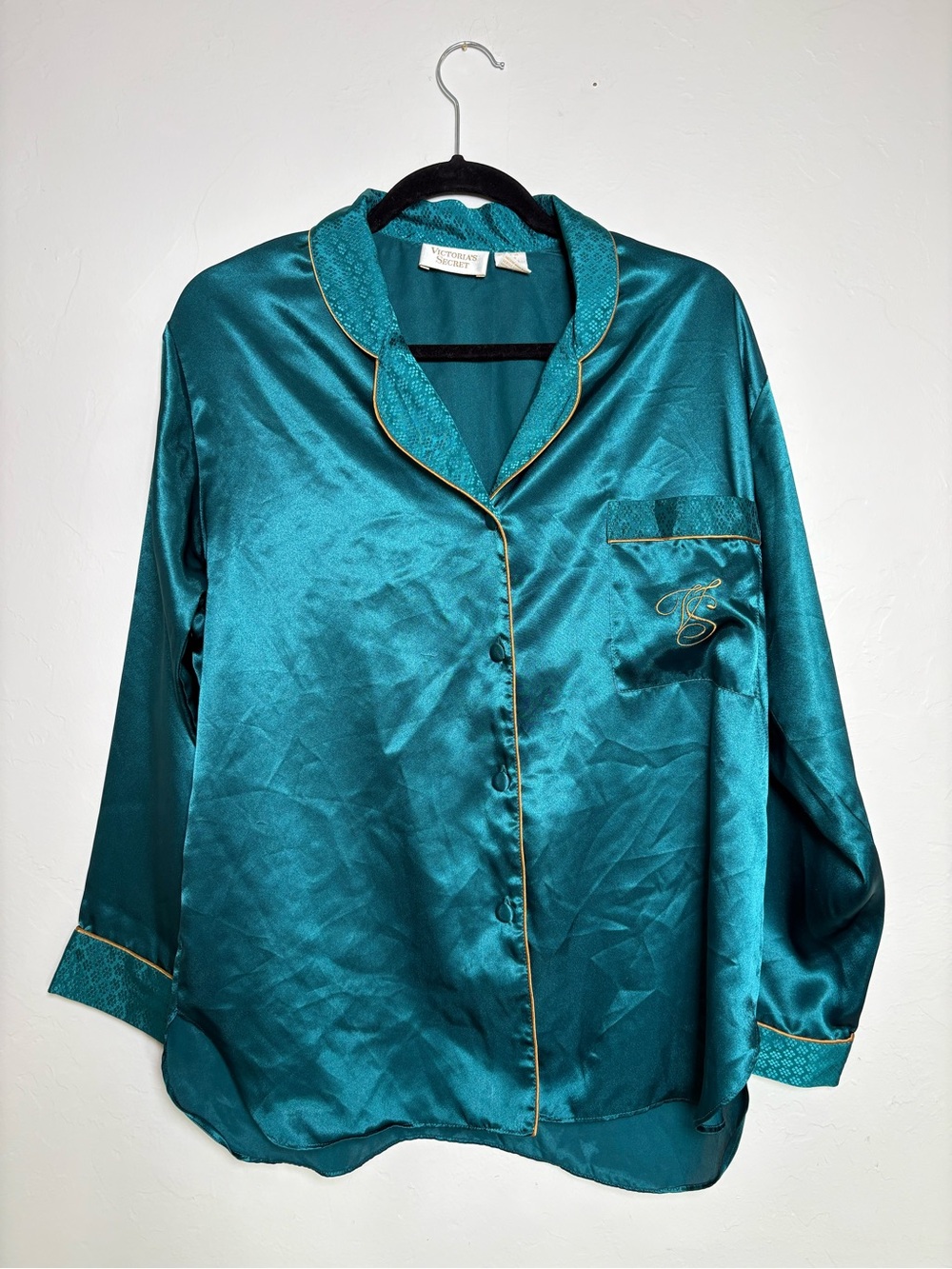 Vintage Victoria's Secret Gold Label Satin Pajama Top Womens S Emerald Green